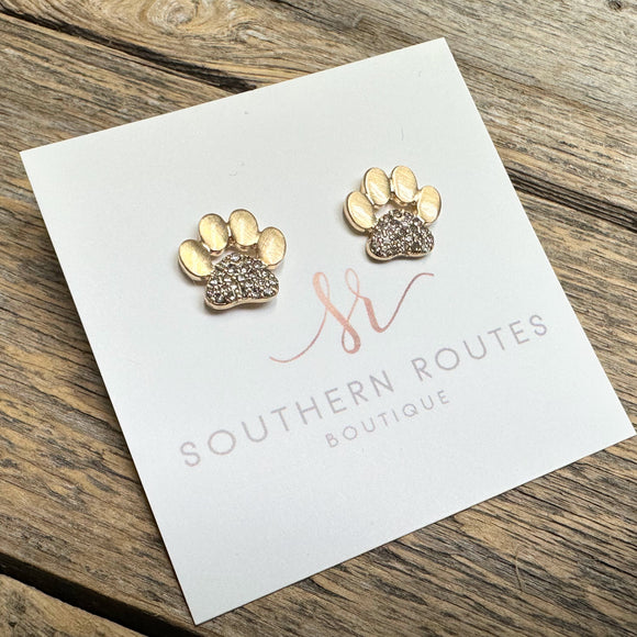 Cougar Paw Crystal Stud Earrings | Satin Gold