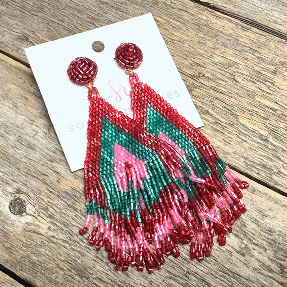Large Sead Bead Statement Earrings | Red+Pink+Green