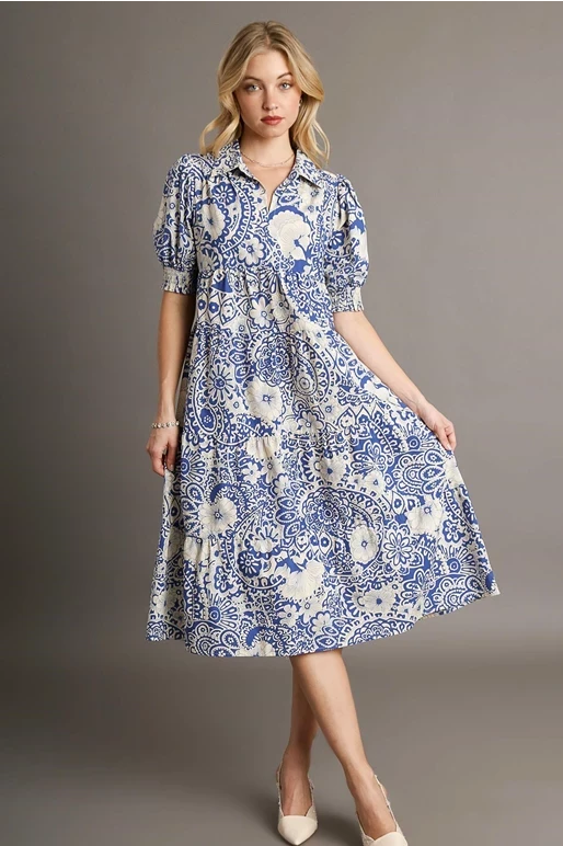 Paisley Collared Tiered Midi Dress | Blue