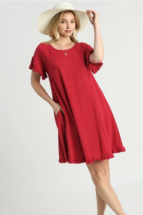 Ruffled Sleeve Frayed Linen Dress | Jester Red