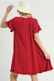 Ruffled Sleeve Frayed Linen Dress | Jester Red
