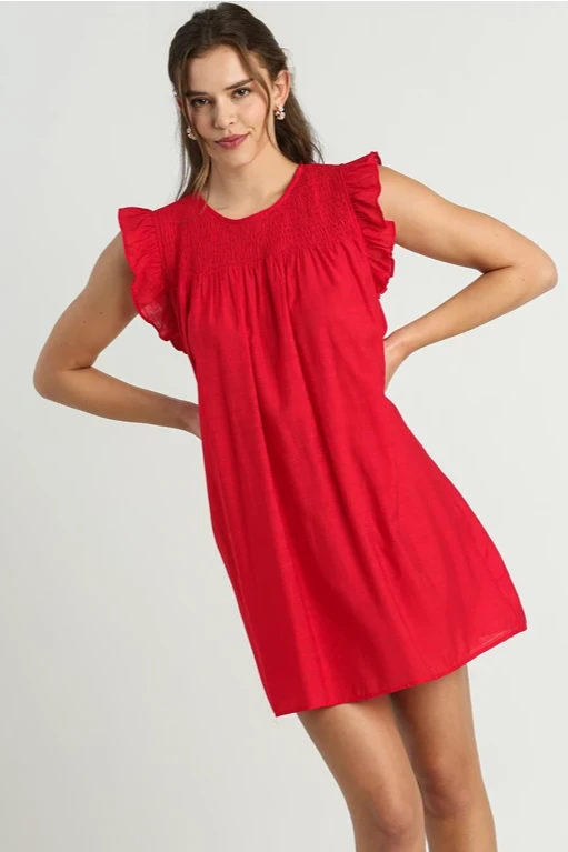 Smocked Yoke Ruffle Sleeve Dress | Cherry Red