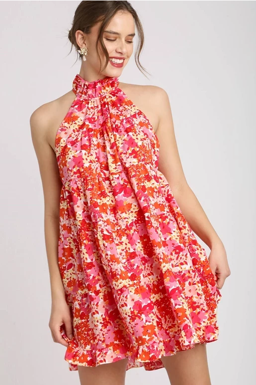Floral Halter Neck Dress | Red Mix