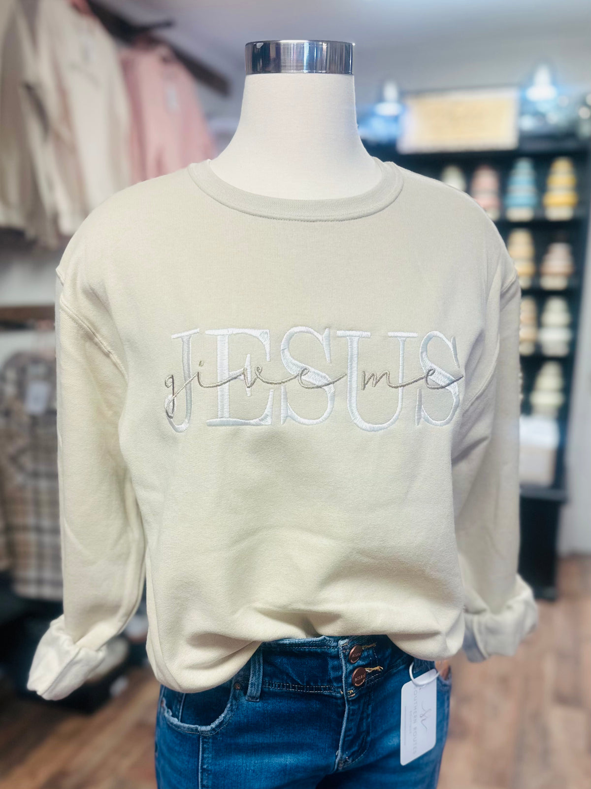 Give Me Jesus Embroidered Sweatshirt | Sand