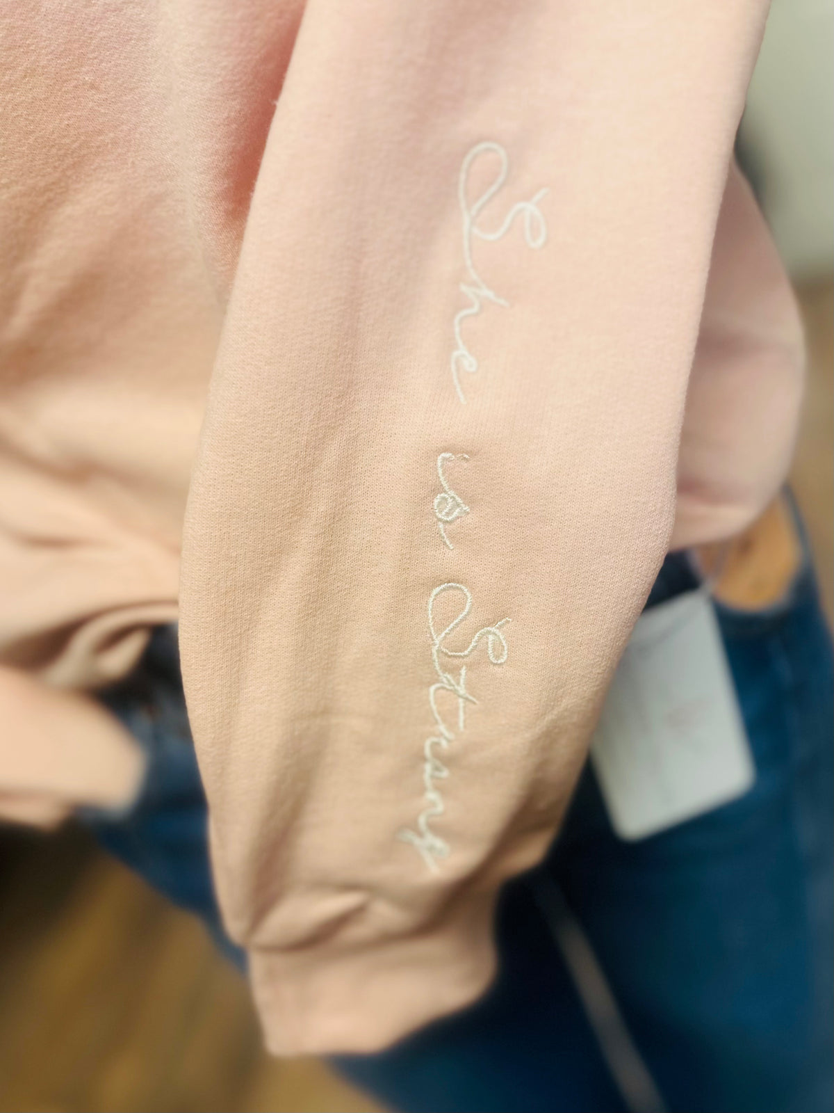 She Is Strong Embroidered Sweatshirt | Blush Pink