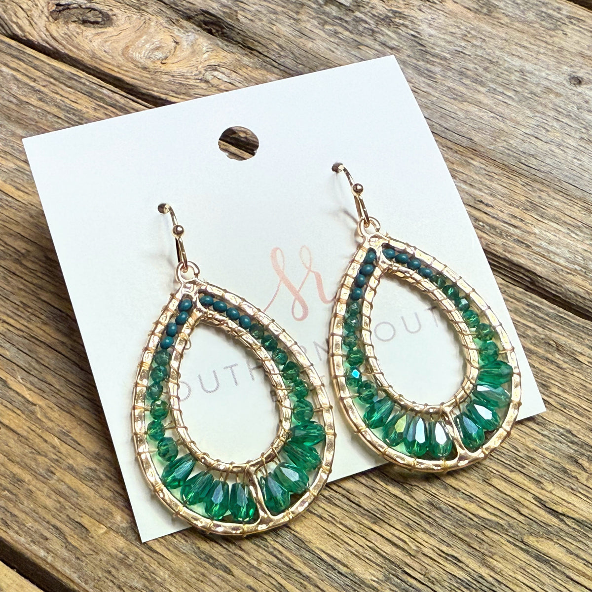 Beaded Iridescent Teardrop Earrings | Teal/Gold