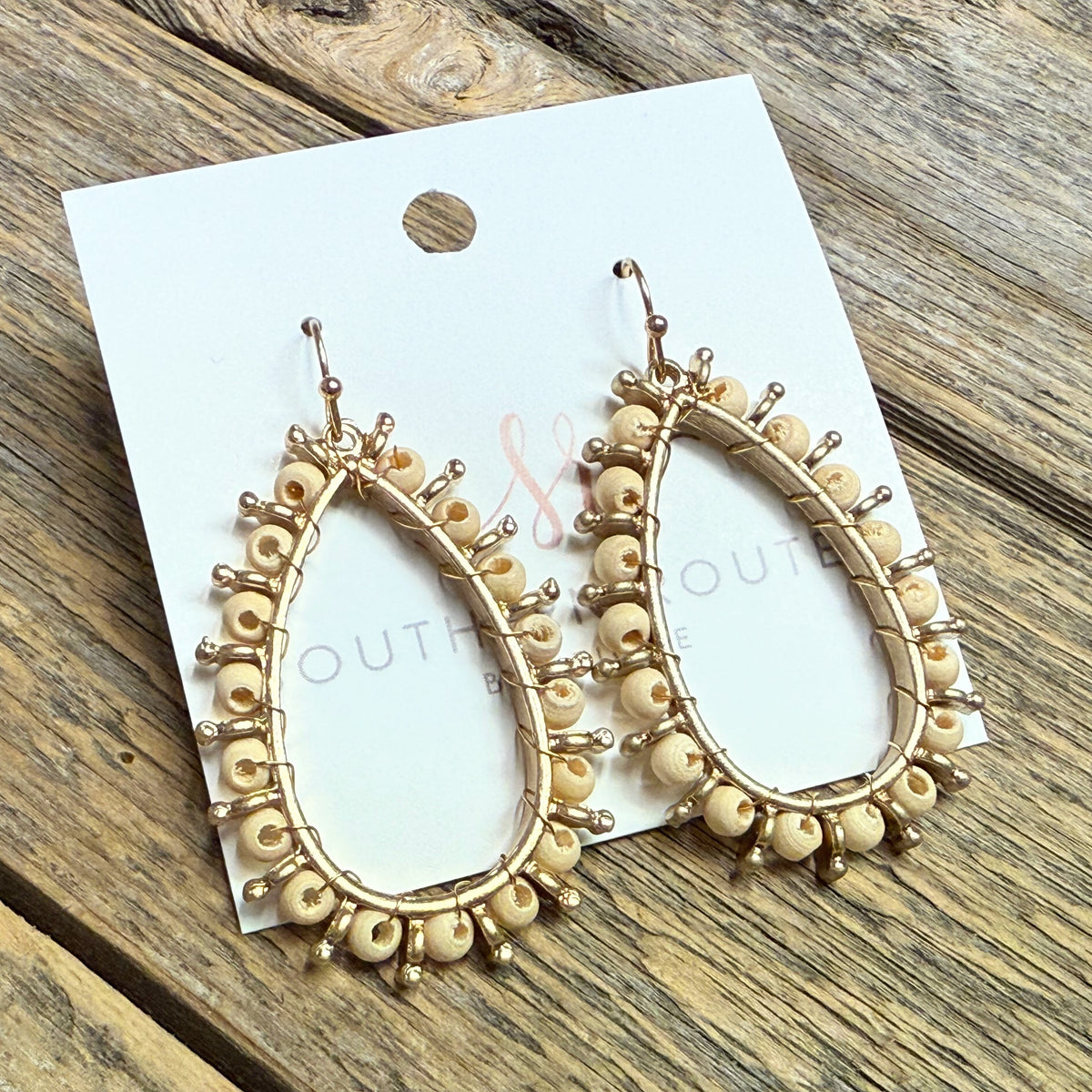 Wooden Bead Teardrop Earrings | Beige/Gold
