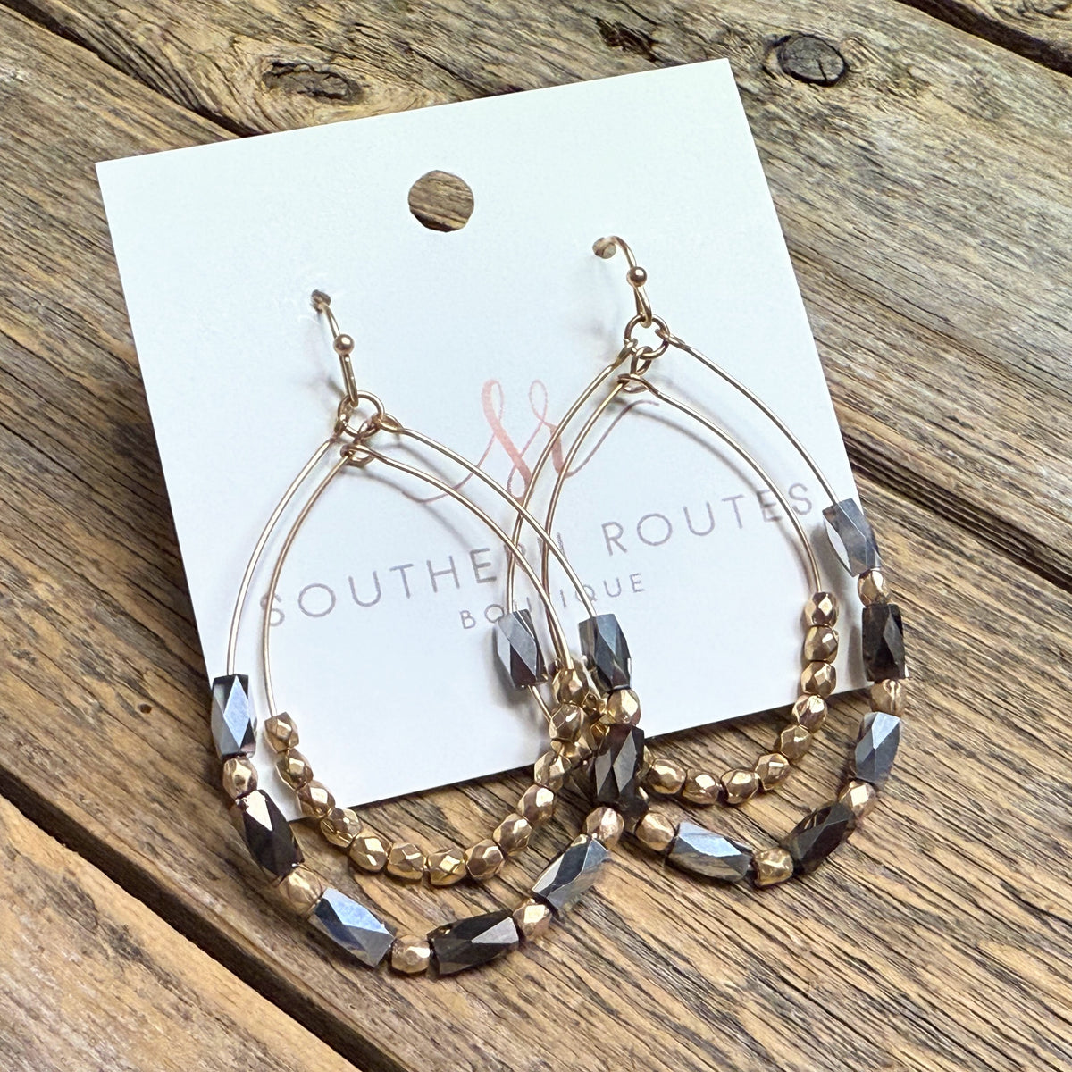 Beaded Layered Teardrop Earrings | Charcoal/Gold