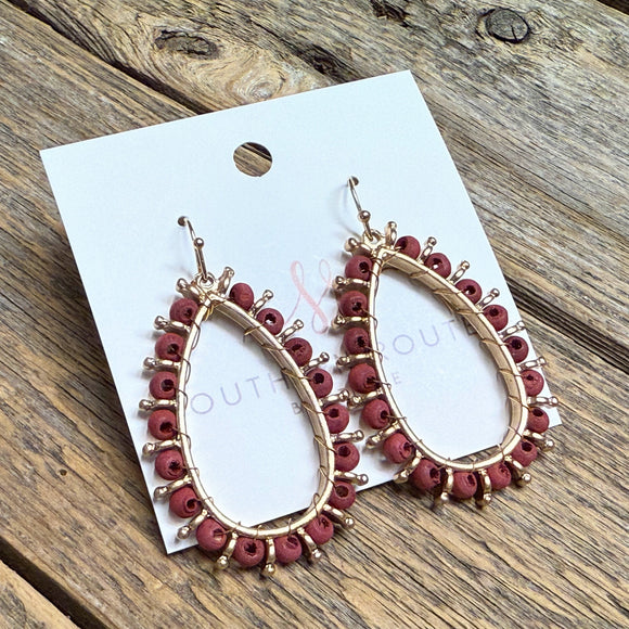 Wooden Bead Teardrop Earrings | Rosewood/Gold