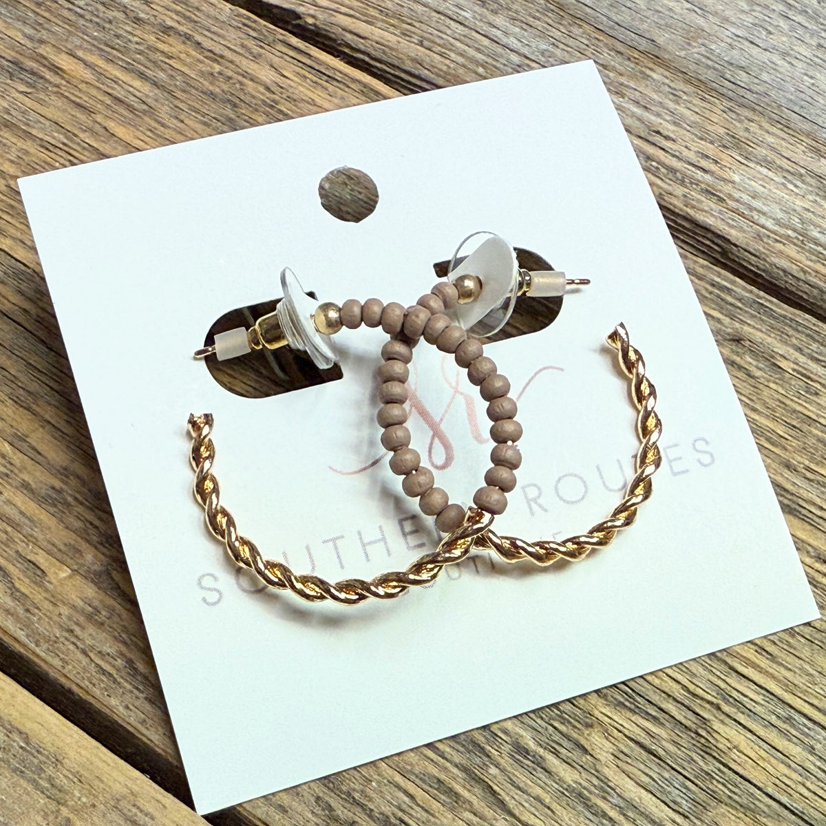 Twisted Matte Bead Hoop Earrings | Mocha/Gold