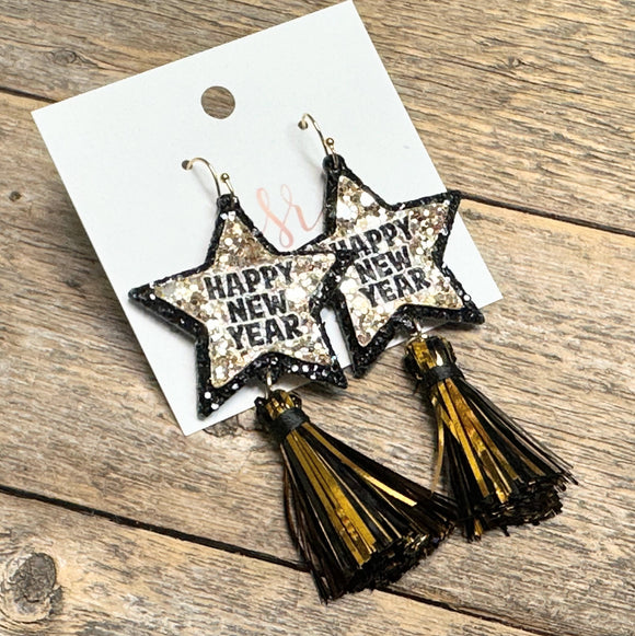 Happy New Year Glitter Star Tassel Earrings | Black+Gold