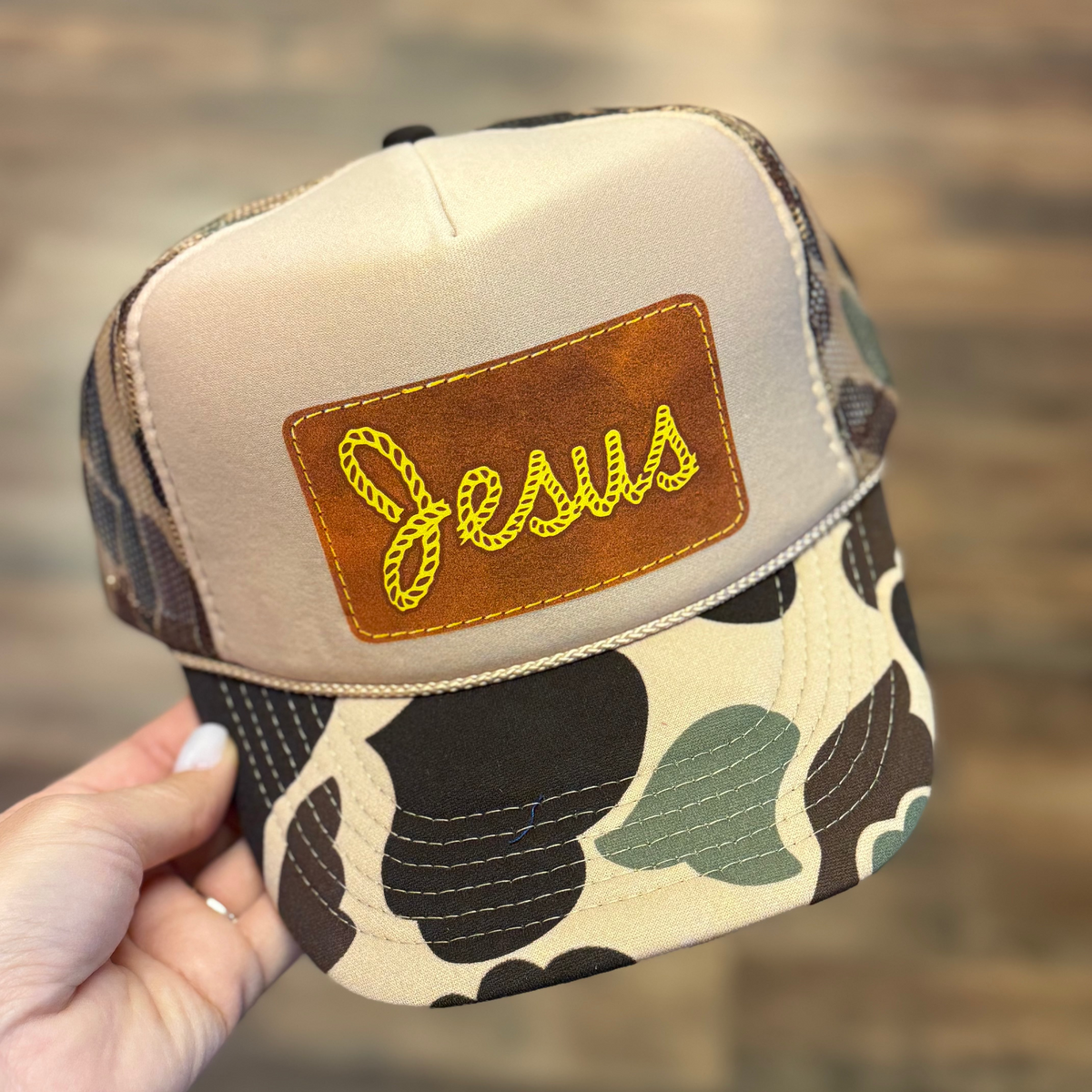 Jesus Faux Leather Patch Foam Trucker Cap | Duck Camo