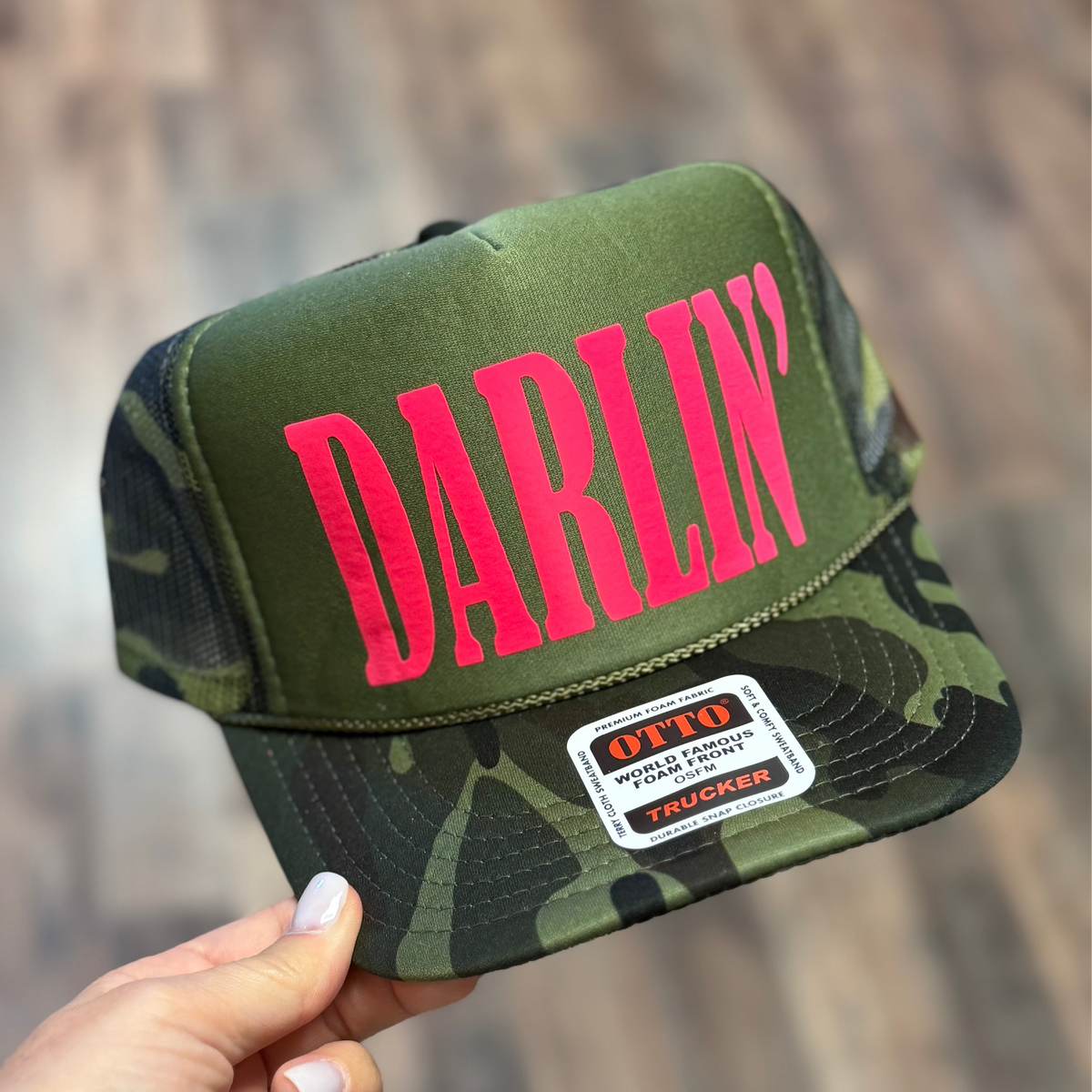Darlin Hot Pink Puff Foam Trucker Cap | Olive Camo