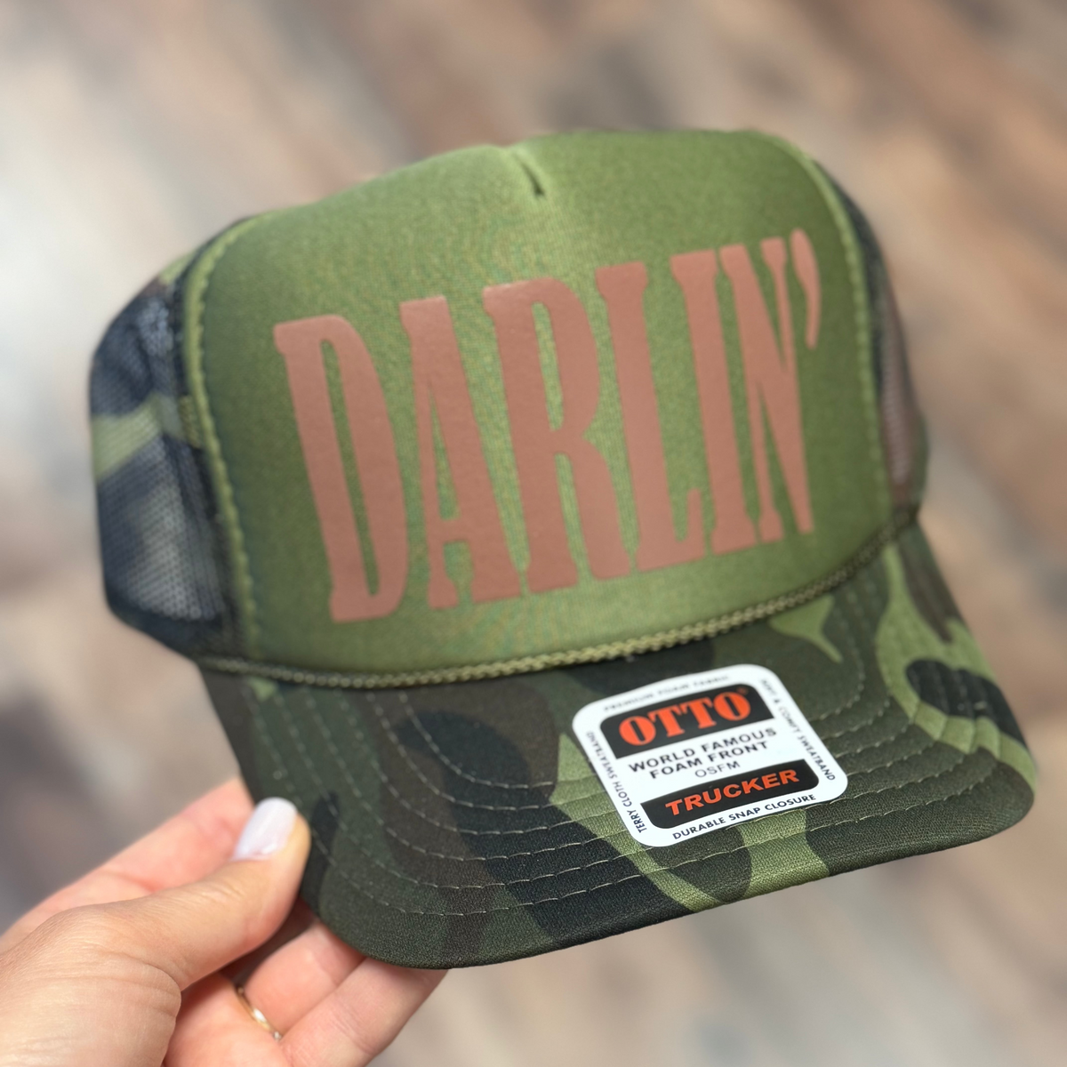 Darlin Brown Puff Foam Trucker Cap | Olive Camo