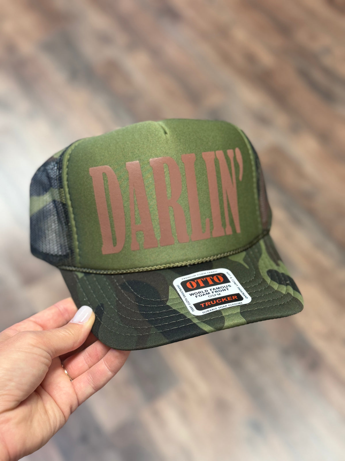 Darlin Brown Puff Foam Trucker Cap | Olive Camo