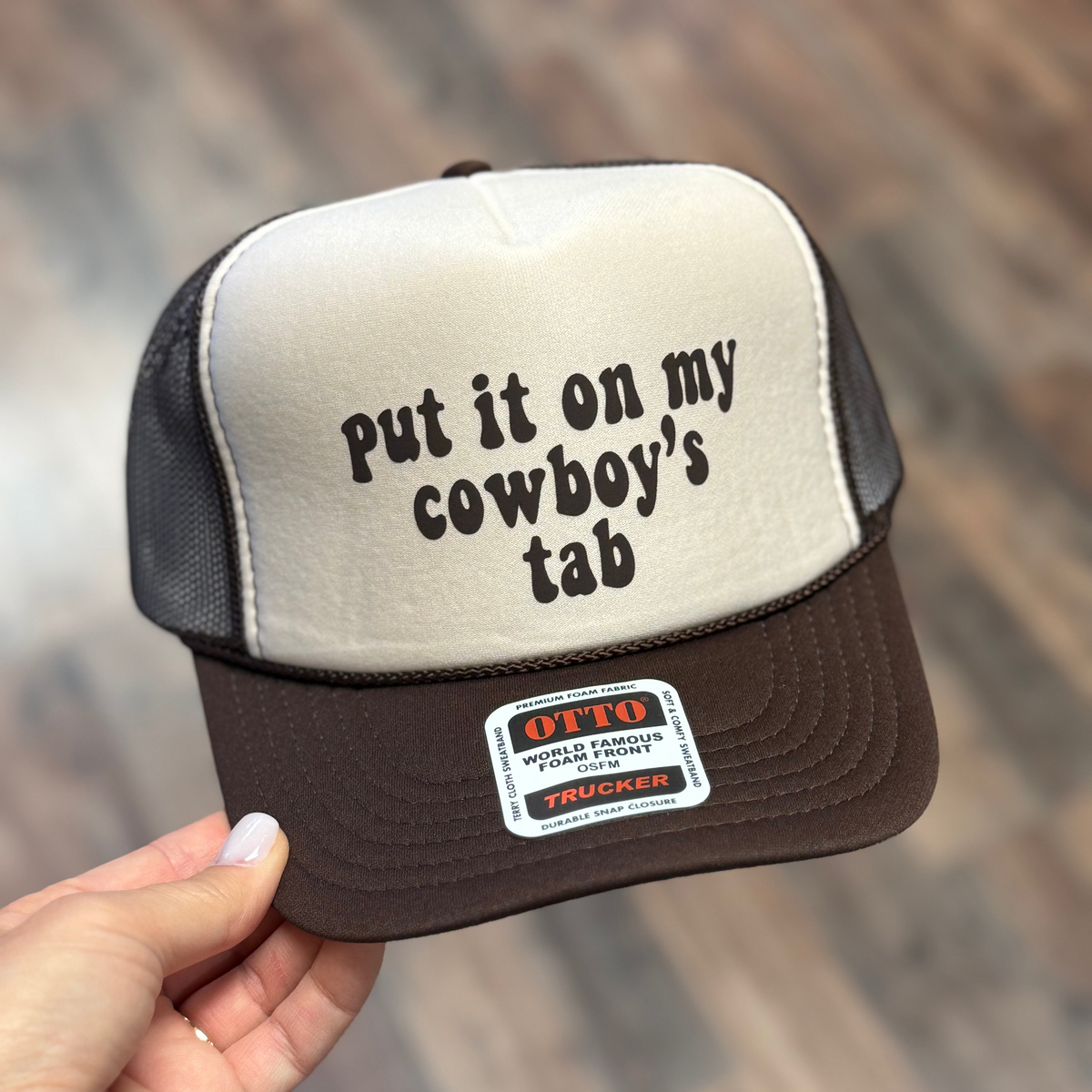 Put It On My Cowboys Tab Foam Trucker Cap | Brown