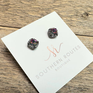 AB Crystal Stud Earrings | Hematite Setting