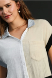 Color Block Gauze Top | White+Taupe