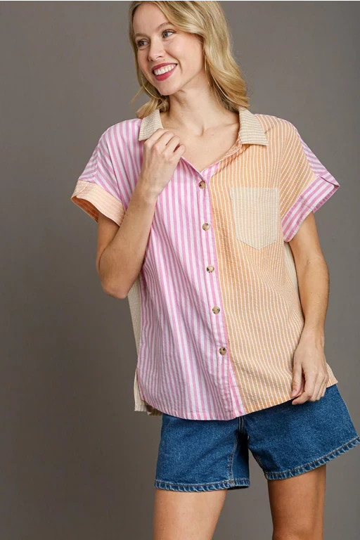 Striped Button Boxy Top | Pink