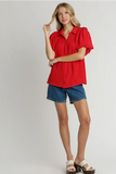 Textured Bubble Sleeve Button Top | Red