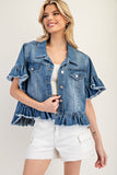 Ruffled Edge Short Sleeve Denim Jacket | Medium Wash