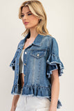 Ruffled Edge Short Sleeve Denim Jacket | Medium Wash