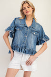 Ruffled Edge Short Sleeve Denim Jacket | Medium Wash