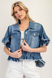 Ruffled Edge Short Sleeve Denim Jacket | Medium Wash