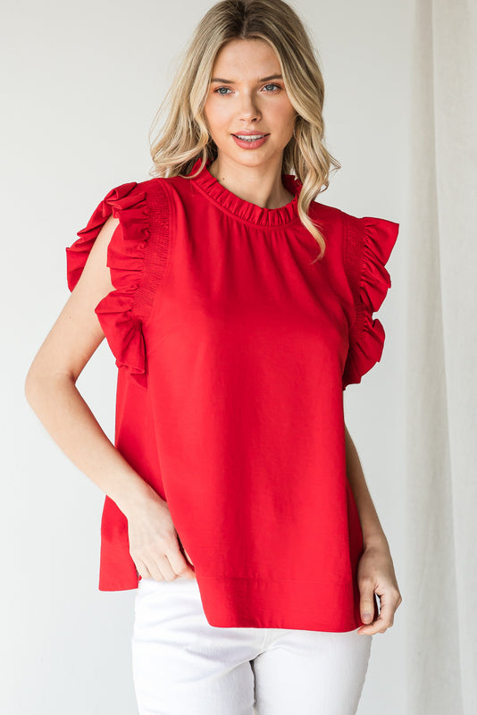 Frilled Mock Neck Top | Red