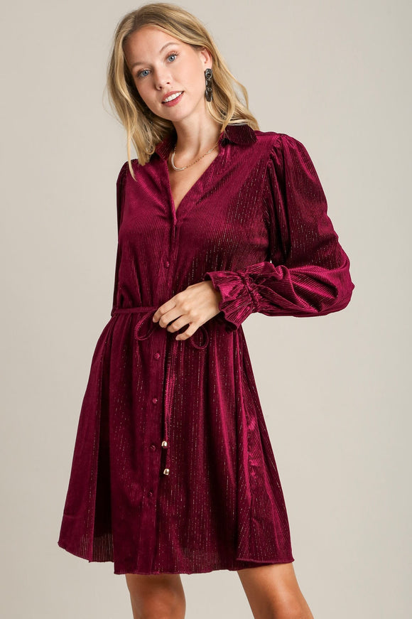 Textured Velvet Button Dress | Wine