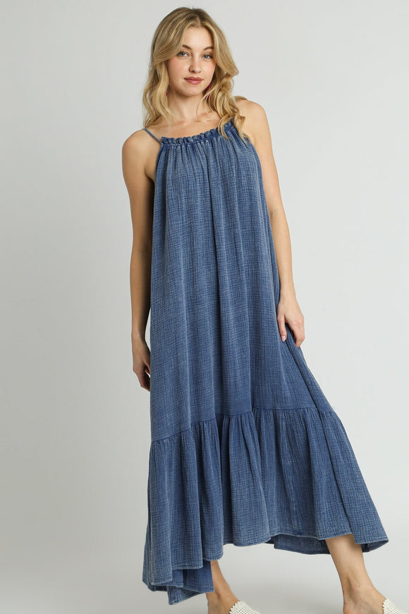 Mineral Wash Cotton Maxi Dress | Blue