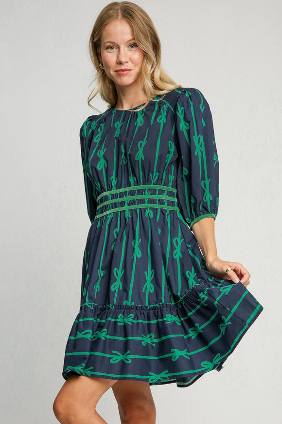 Bow Print Puff Sleeve Dress | Navy