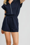 Ribbed Cap Sleeve Zip Romper | Navy