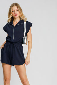 Ribbed Cap Sleeve Zip Romper | Navy