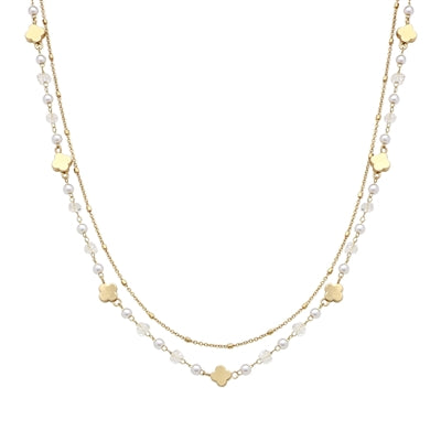 Crystal+Pearl Clover Layered | Gold Necklace