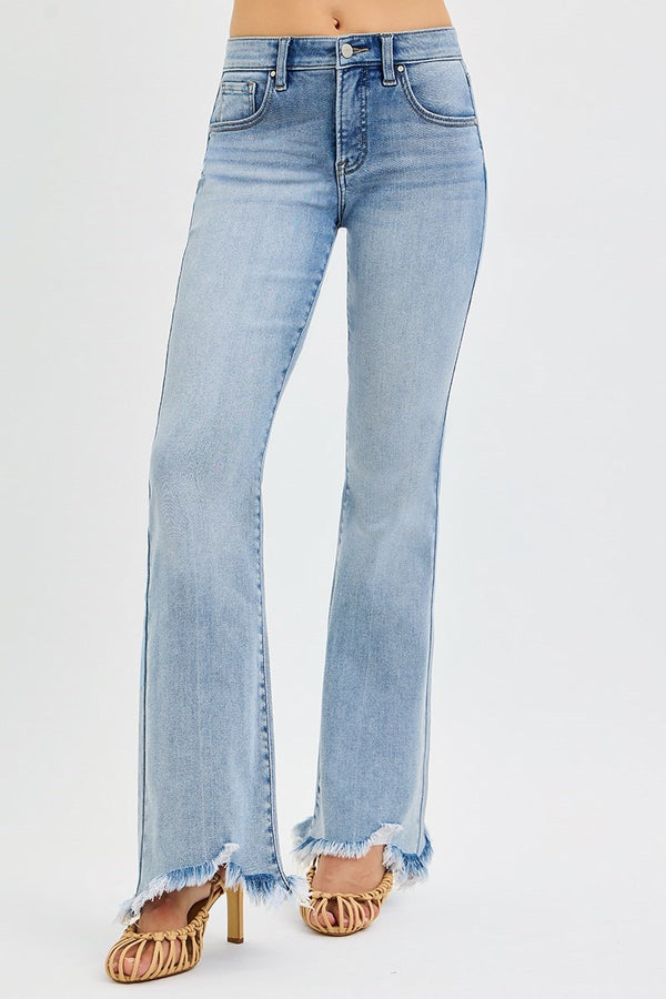 Risen Jeans | Tummy Control Mid Rise Flare Fray Hem