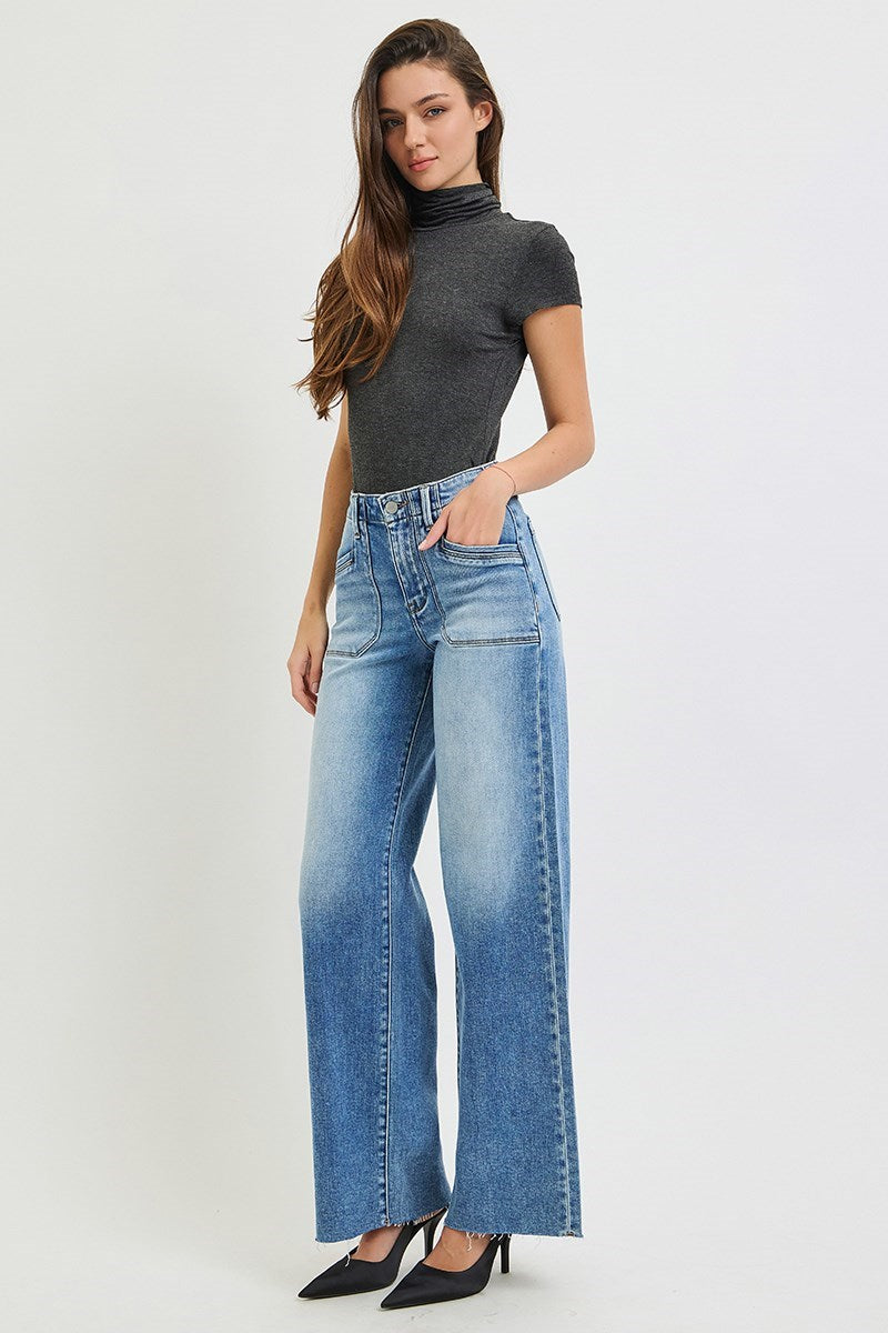 Risen Jeans | High Rise Wide Leg Front Patch Pocket