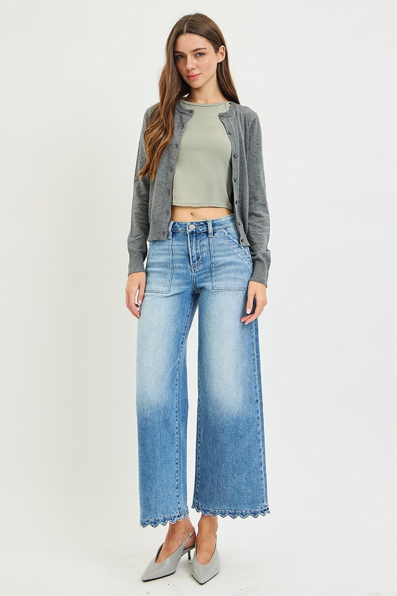 Risen Jeans | High Rise Crop Wide Scallop Patch Pocket