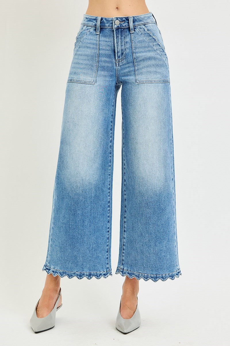 Risen Jeans | High Rise Crop Wide Scallop Patch Pocket