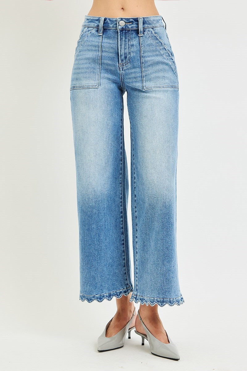 Risen Jeans | High Rise Crop Wide Scallop Patch Pocket