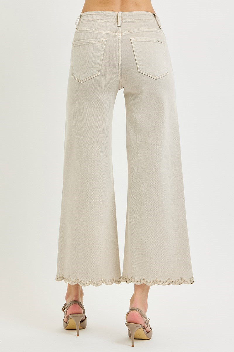 Risen Jeans | Tummy Control Eyelet Embroidered Almond