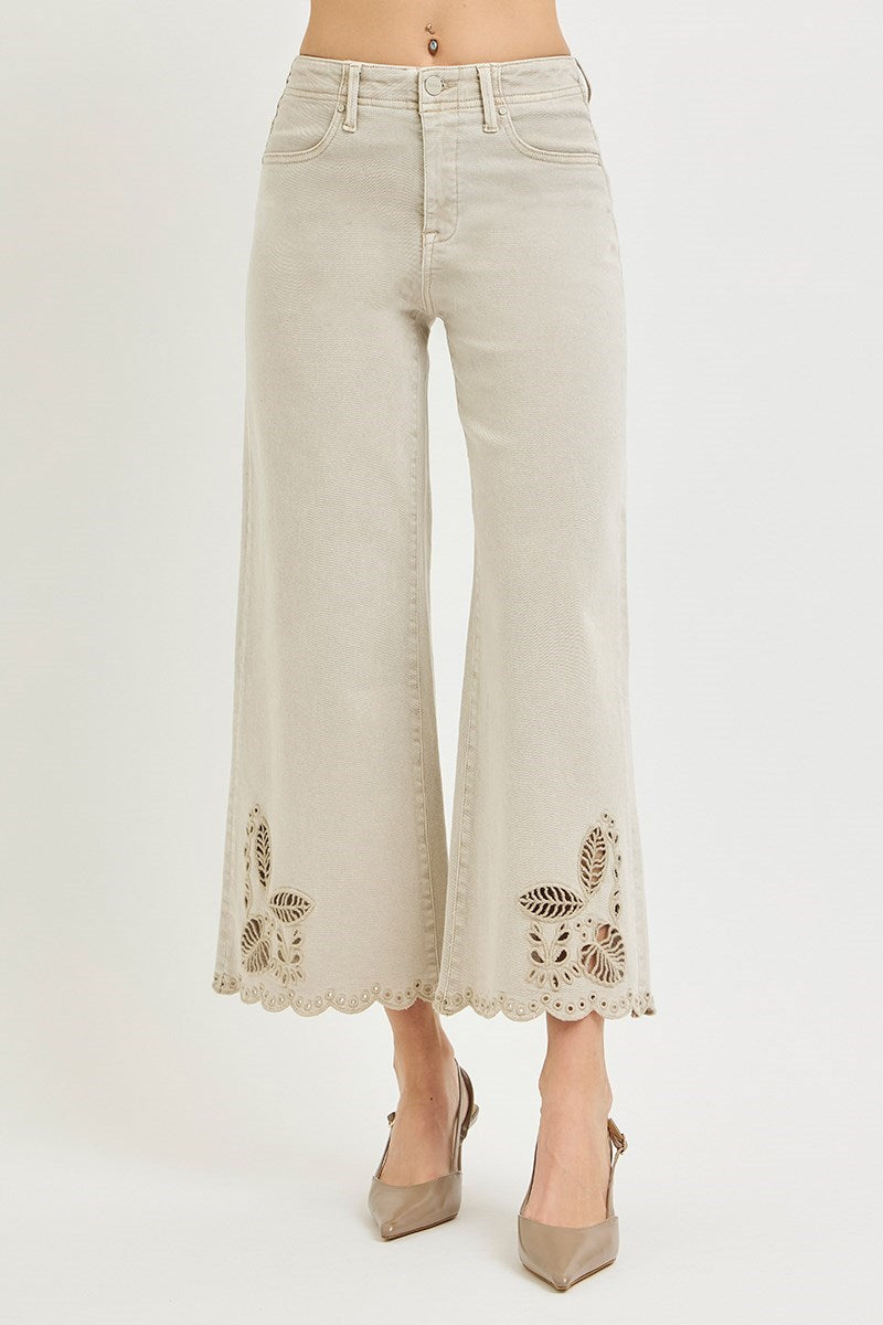 Risen Jeans | Tummy Control Eyelet Embroidered Almond