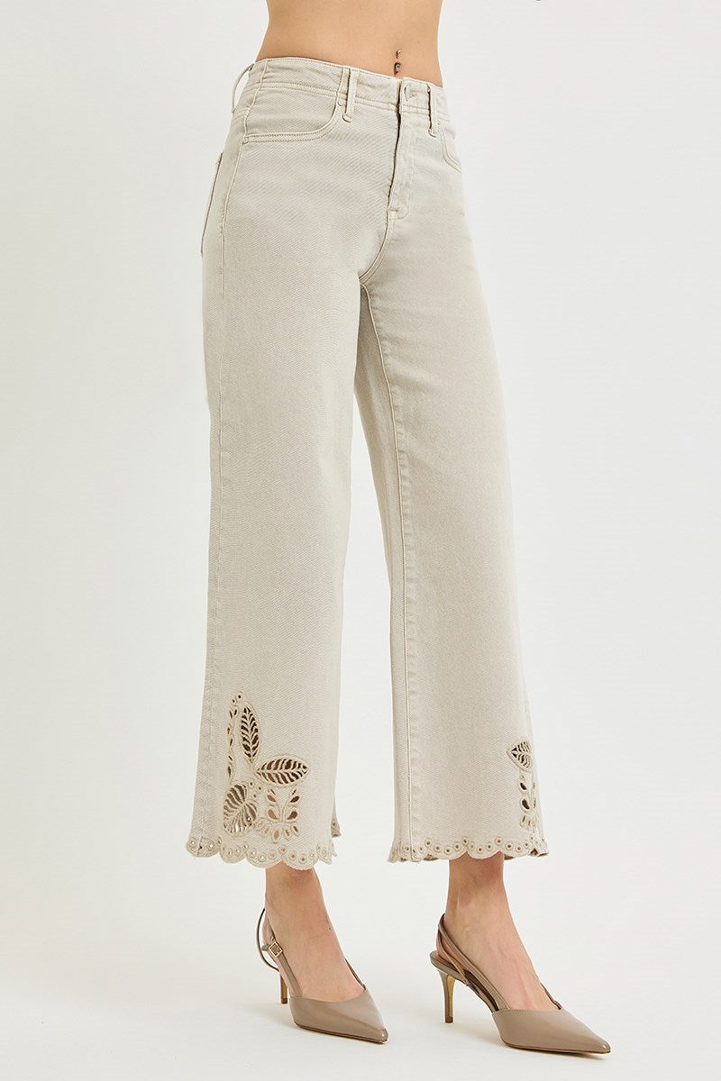 Risen Jeans | Tummy Control Eyelet Embroidered Almond