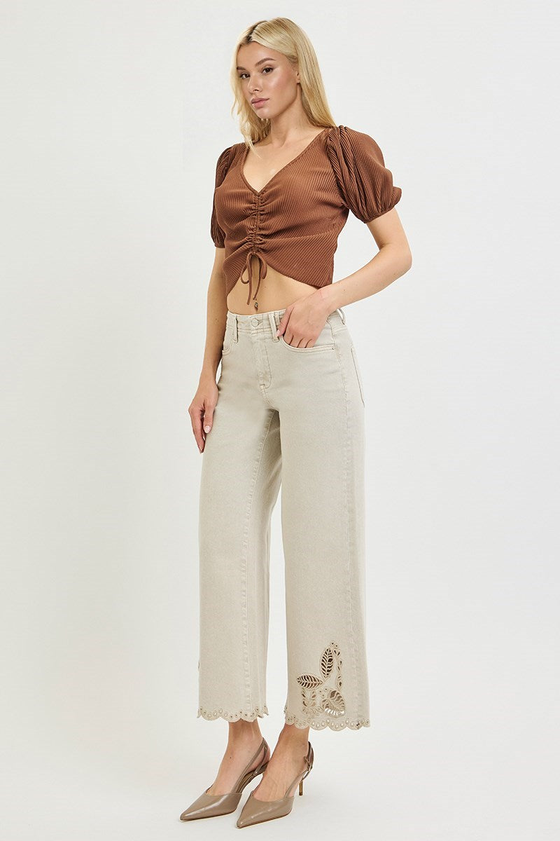 Risen Jeans | Tummy Control Eyelet Embroidered Almond