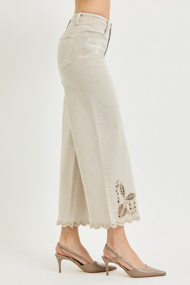 Risen Jeans | Tummy Control Eyelet Embroidered Almond