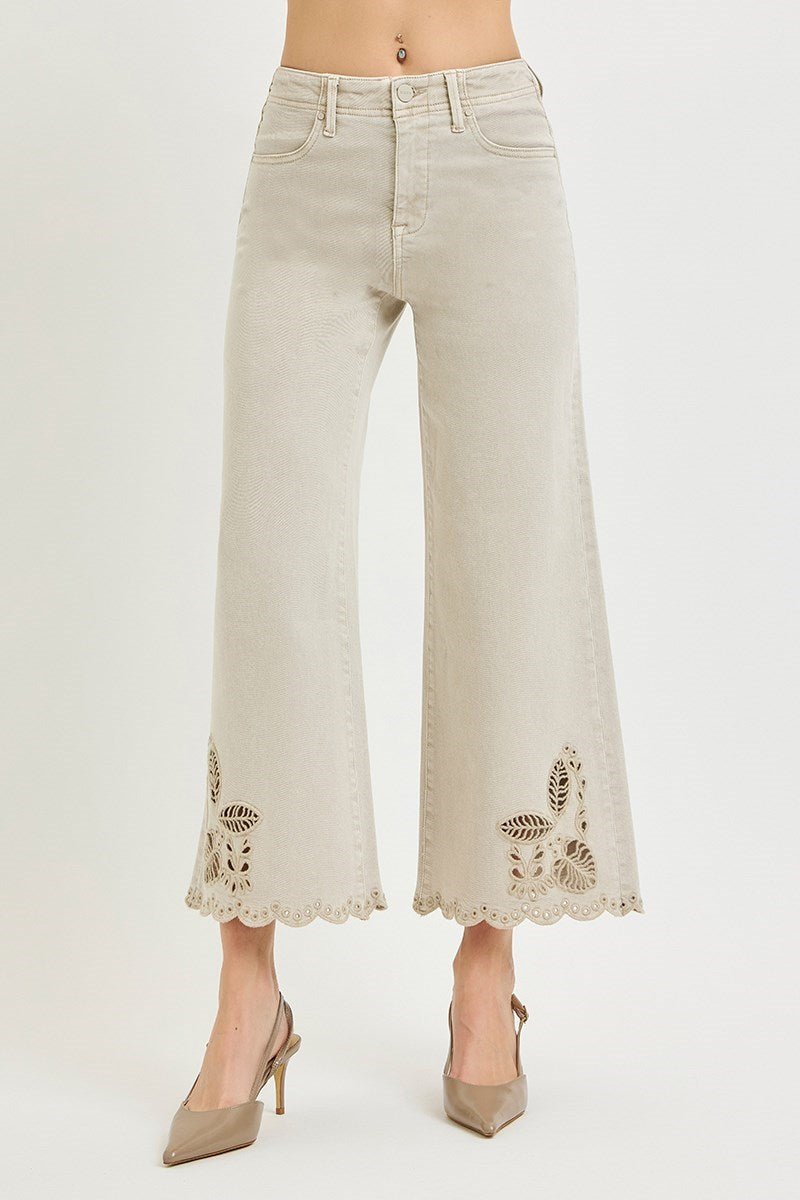 Risen Jeans | Tummy Control Eyelet Embroidered Almond
