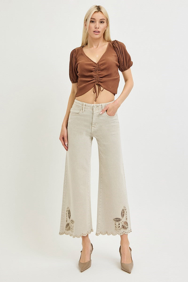 Risen Jeans | Tummy Control Eyelet Embroidered Almond