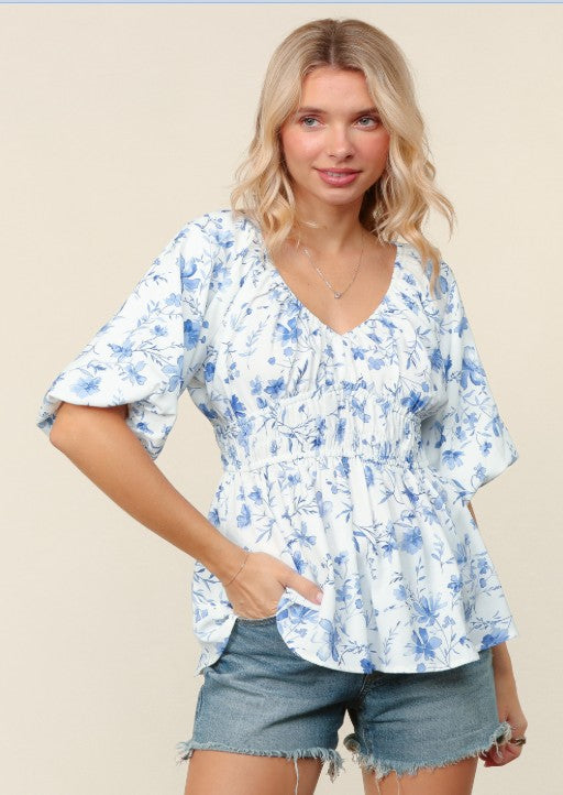 Bubble Sleeve Floral Babydoll Top | Ivory/Blue