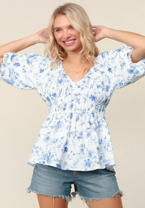Bubble Sleeve Floral Babydoll Top | Ivory/Blue