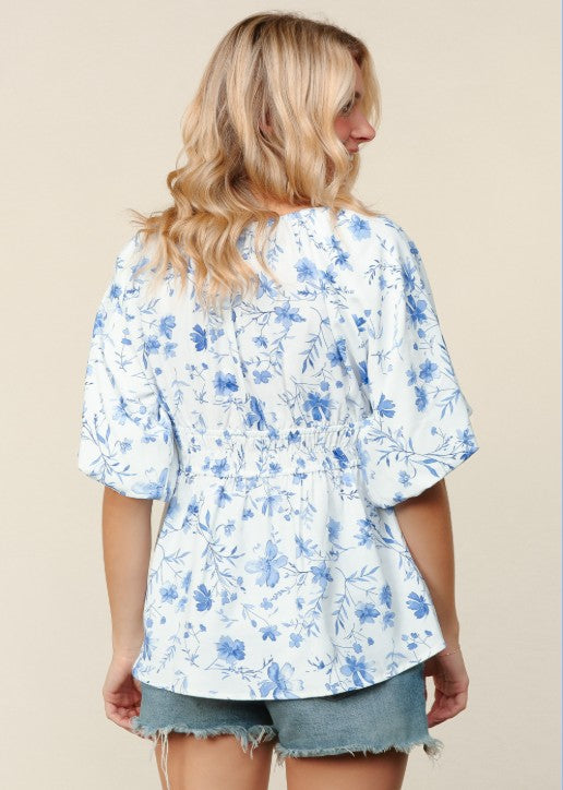Bubble Sleeve Floral Babydoll Top | Ivory/Blue